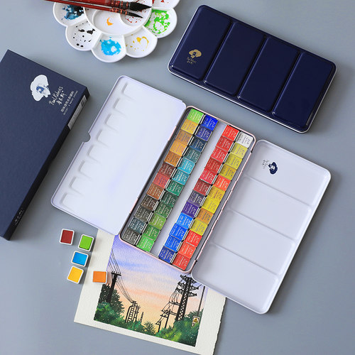 鲁本斯固体水彩颜料24色珠光色铁盒清新款粼光固体12色便携式块状