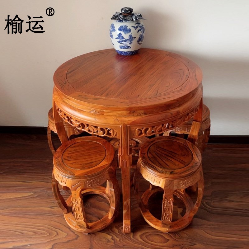 实木园桌家用经济饭桌老榆木餐桌中式仿古小圆台圆形雕花餐台道具