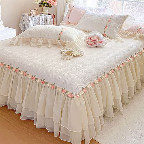 夏季凉感a类冰丝凉席三件套可机洗公主风蕾丝刺绣床裙空调软席子