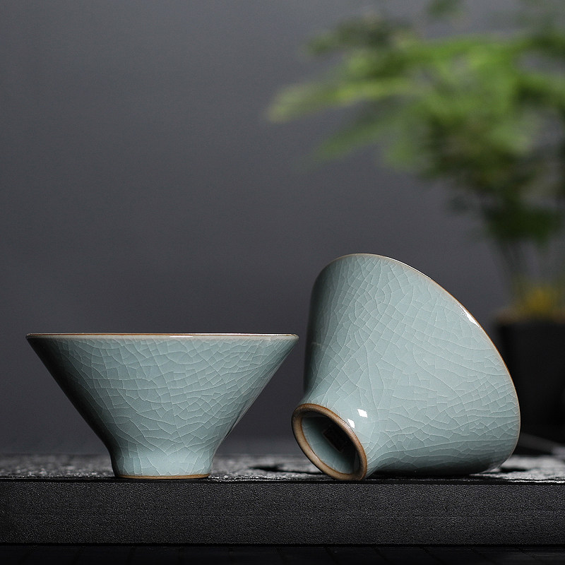 青瓷斗笠功夫茶杯单杯龙泉手工冰裂陶瓷主人品茗杯子茶具茶盏家用