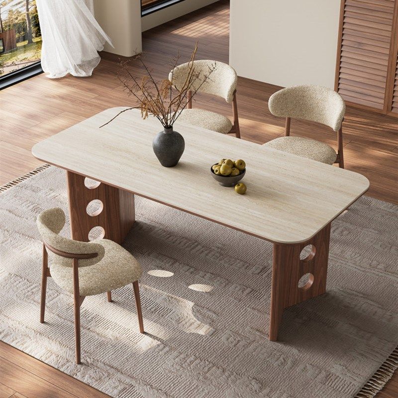 昂冠中古风洞石岩板餐桌现代简约家用小户型法式覆古实木吃饭桌子