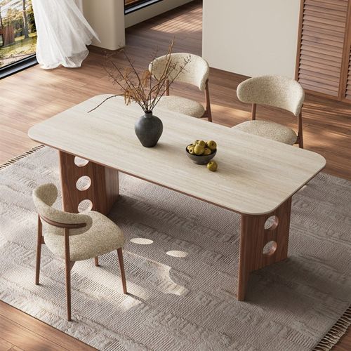 昂冠中古风洞石岩板餐桌现代简约家用小户型法式覆古实木吃饭桌子