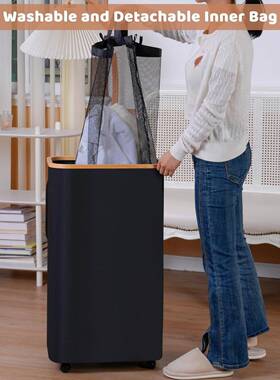 新脏衣篮带轮子可折品叠竹子框架收筐脏衣篓网含袋1纳13780L