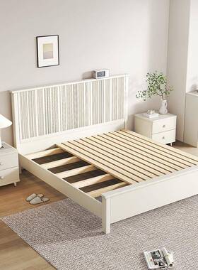 ZXG奶卧油风实木双人简现代主大床1.8m美式轻奢高箱储物床约白色