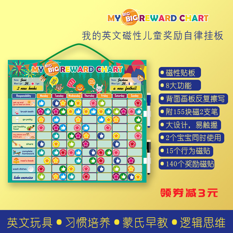 英文版儿童成长自律表磁性奖惩打卡学习时间计划表可擦写白板挂板