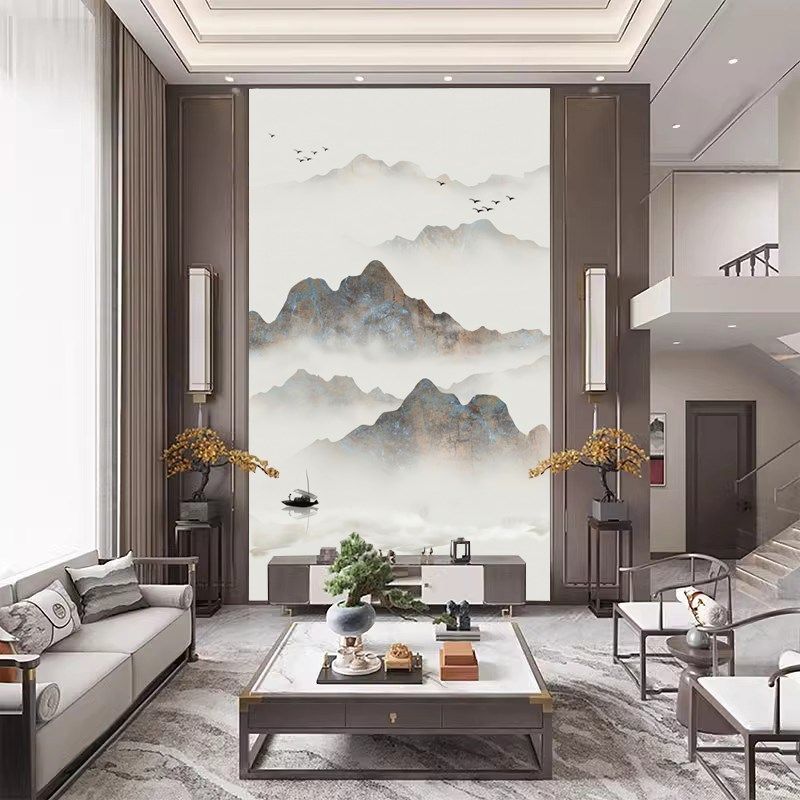 8D复式楼走廊国画电视背景墙壁纸水墨山水别墅大型5D壁画玄关墙布