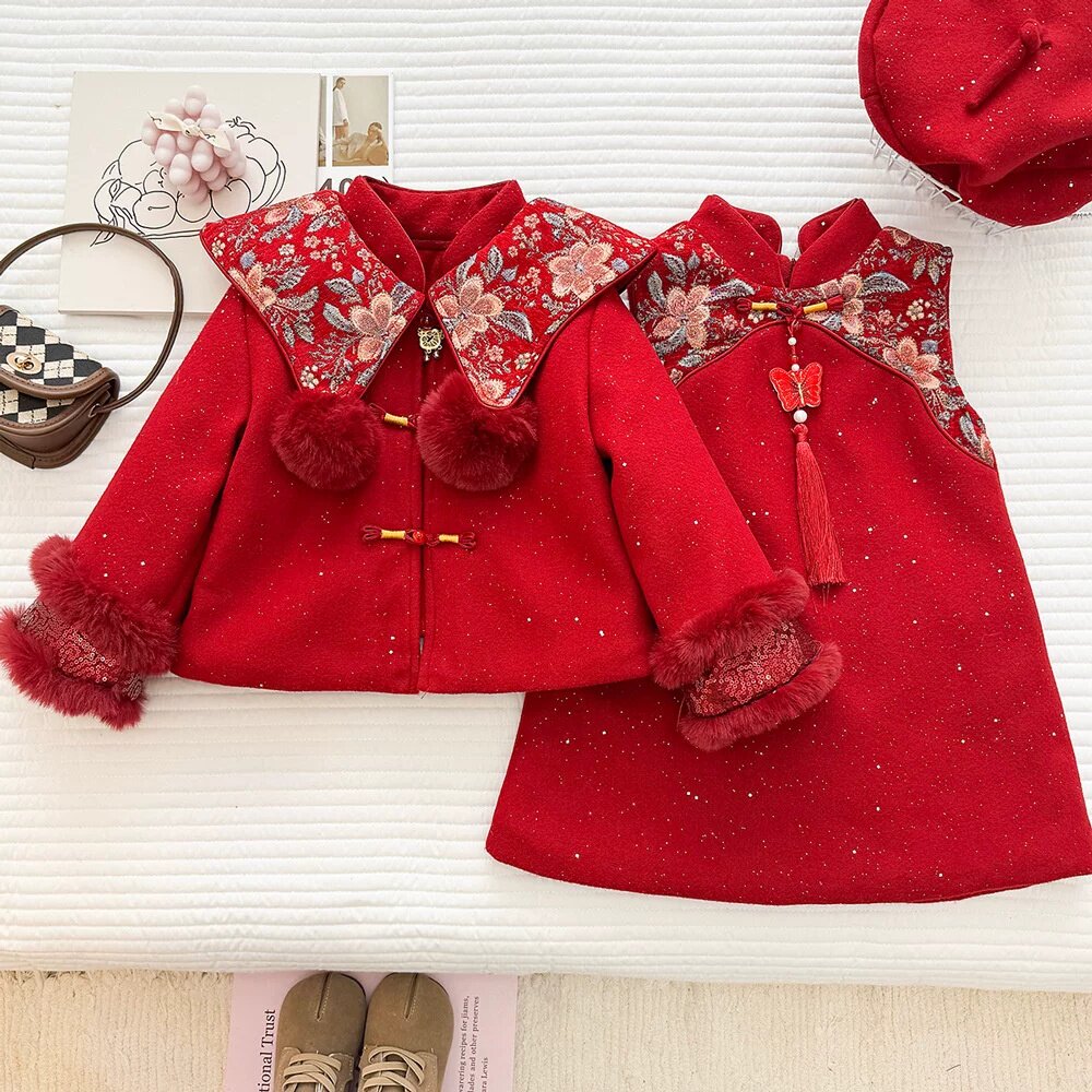 女童冬季加绒新中式拜年服两件套