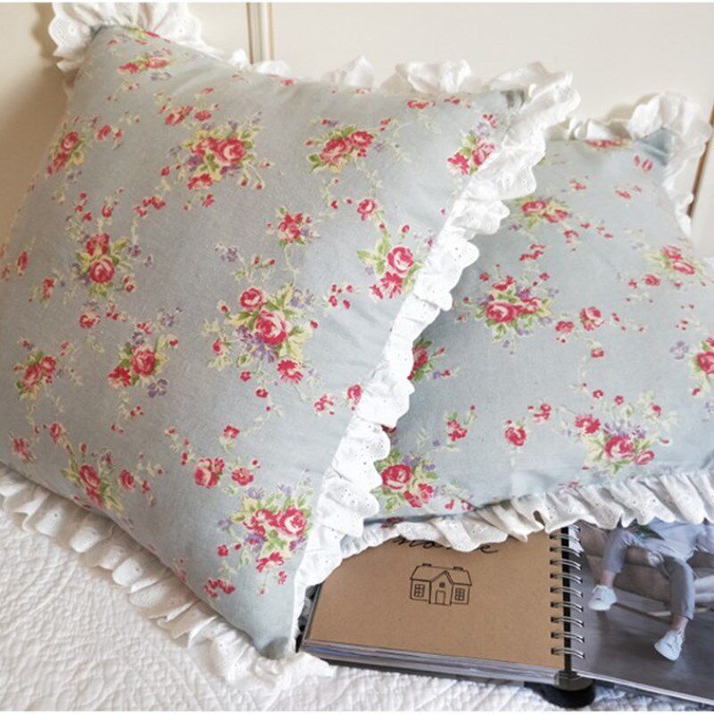 亚麻蕾丝花边小碎花靠枕套田园风格抱枕套沙发大靠垫不含芯65x65