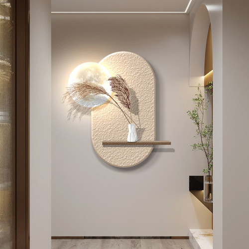 侘寂风玄关装饰画入户过道走廊尽头挂画植物砂岩立体简约发光壁灯