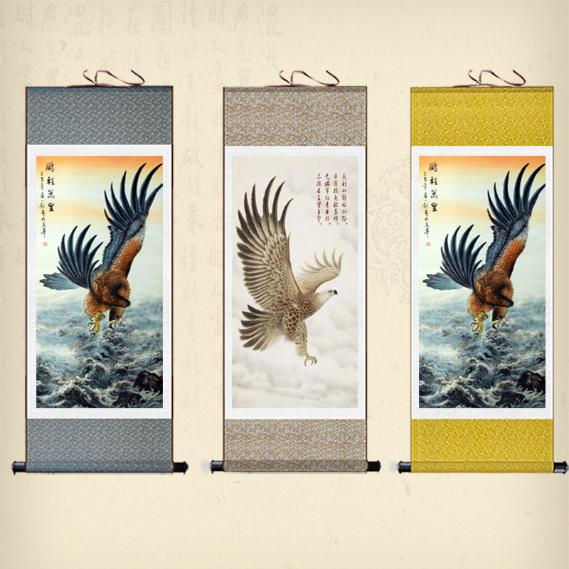 大鹏展翅复古卷轴画雄鹰中式书房装饰画办公室挂画国画丝绸画定制