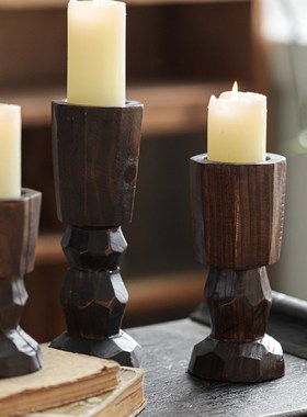 实木高脚杯蜡烛烛台摆件中古风侘寂风覆古做旧装饰品客厅玄关摆设
