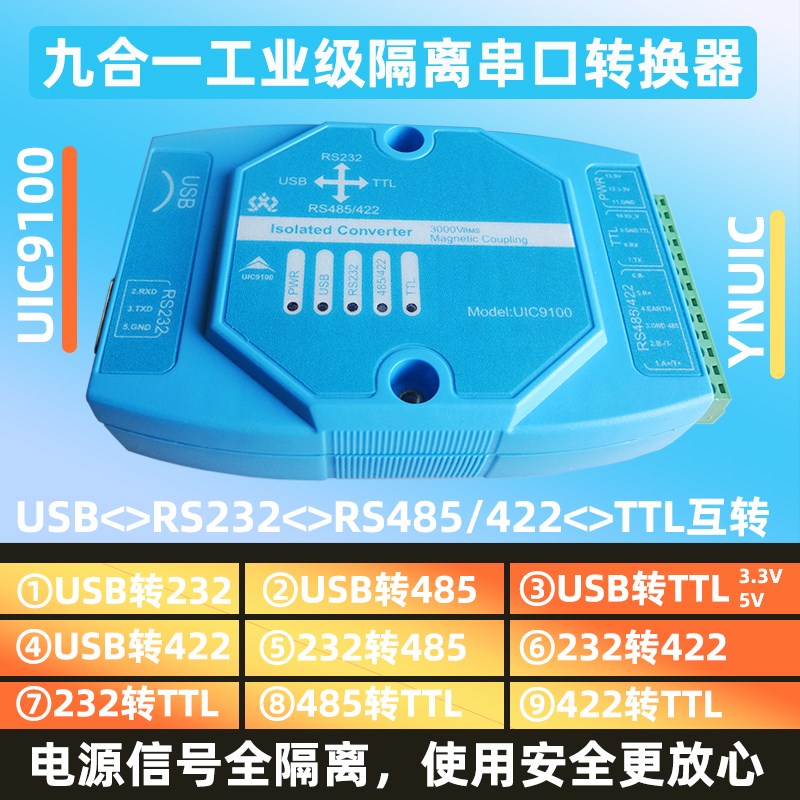 USB转232 485 422 TTL高速磁隔离转换器UIC9100串口互转并发YNUIC