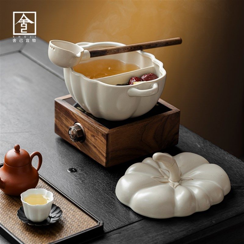 中式围炉煮茶碗带盖带勺陶瓷煮茶器白茶煮泡碗复古茶壶电陶炉套装