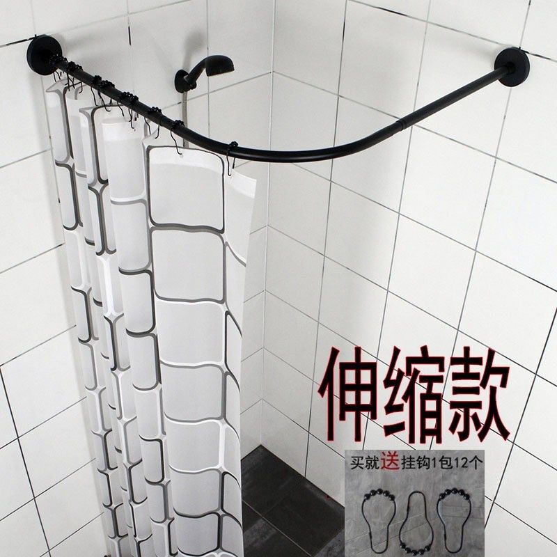 防水浴帘杆浴帘套装免打孔涨杆浴杆弧形浴室L型304不锈钢可伸缩加