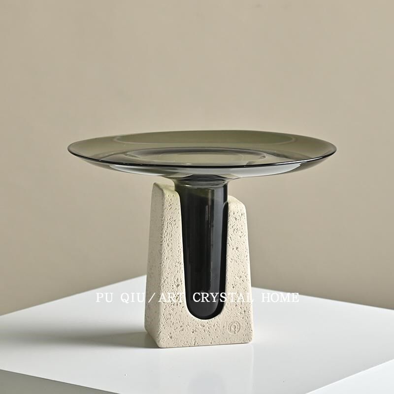 拼色玻璃高脚果盘茶几摆件颜值高档简易糖果盘餐桌摆放艺术水果盘