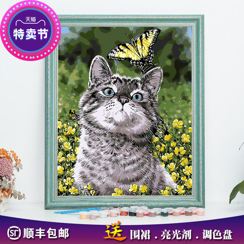 新款diy数字油画猫咪动物治愈减压手工绘填充填色涂画装饰油彩画