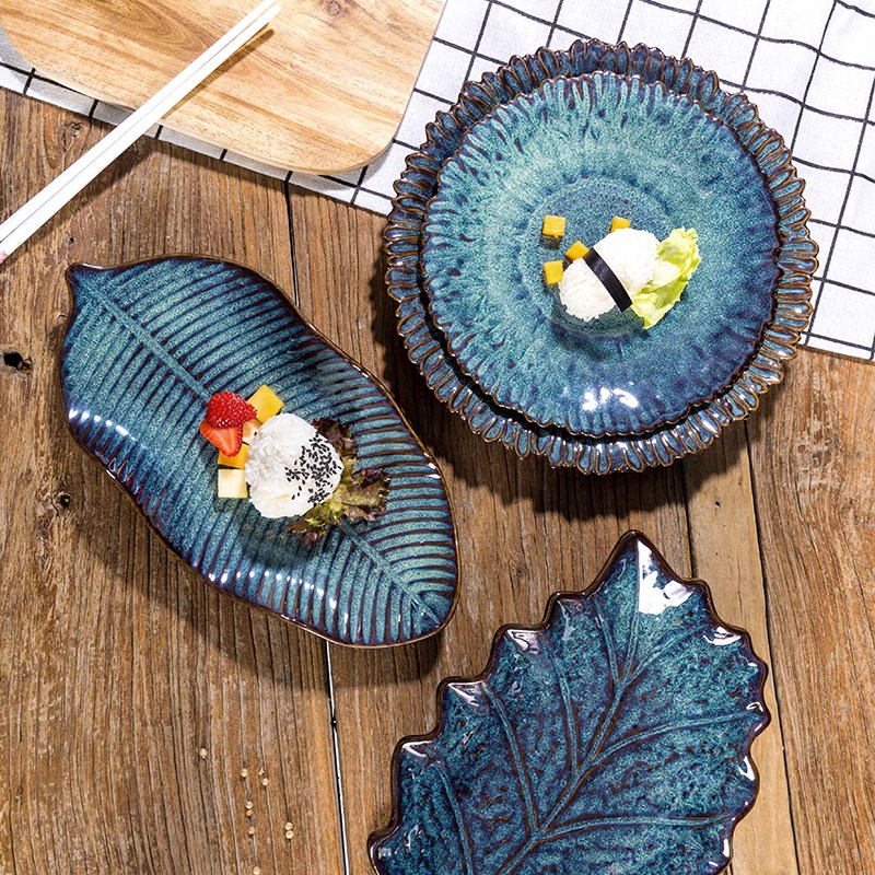 复古窑变陶瓷盘子寿司长盘糕点盘西餐盘叶子盘鱼盘早餐盘浅盘家用