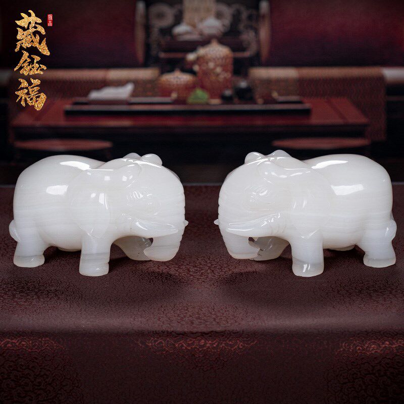 天然白玉石大象摆件一对招财客厅办公室玄关柜装饰品乔迁开业礼品