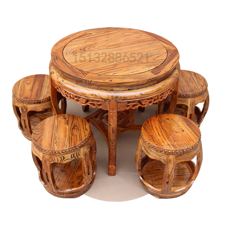 老榆木餐桌茶桌全实木圆桌仿古圆形快餐吃饭桌椅人中式家用8