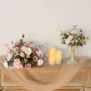 新居装饰客厅酒柜仿真桌花摆件花艺鸟笼成品婚礼装饰布置套装组合