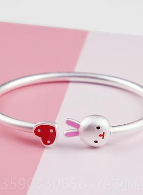 正品足银手镯女亲子生小兔子肖粉红色滴款胶可新爱纯银镯子礼物包