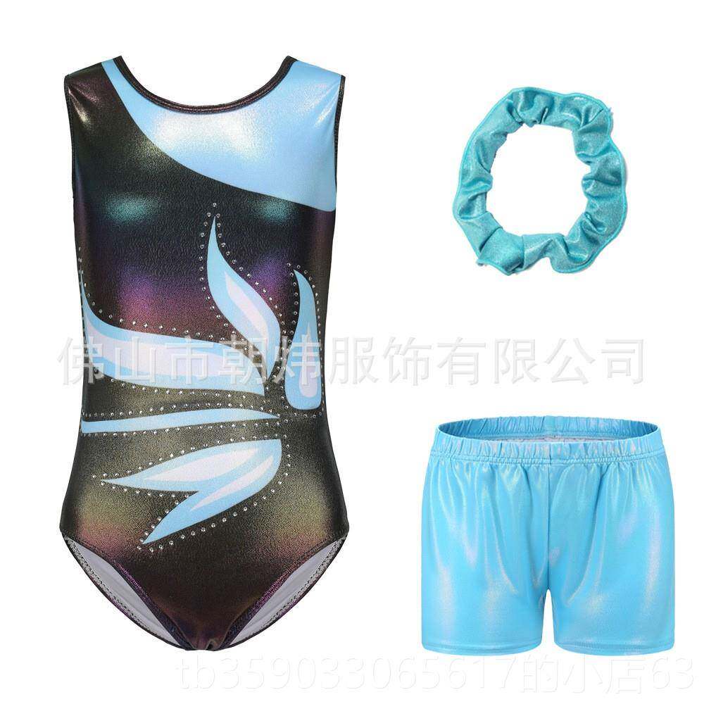 正品新三款欧美表演体操服长袖体印花童角连短裤儿童体操女舞蹈训