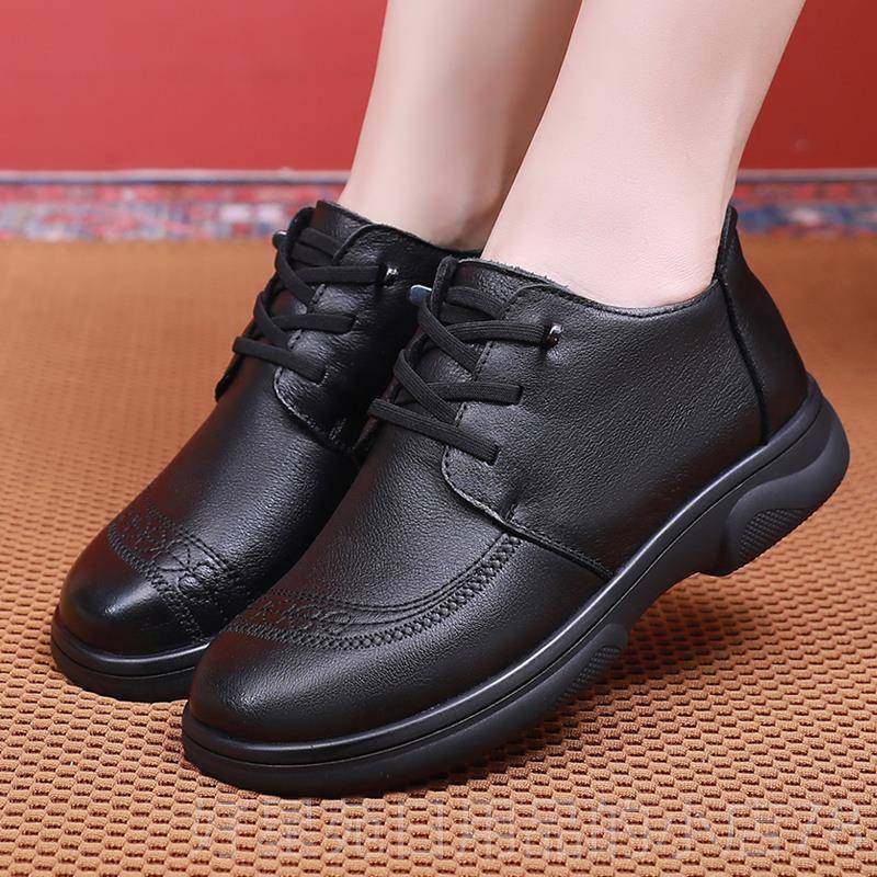 高档皮妈妈鞋加低跟棉鞋中老年鞋子秋冬款老人皮鞋真女防软底舒适