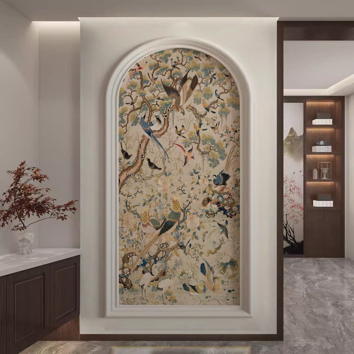 法式复古玄关装饰画高级感入户正对门竖版壁画中古风走廊过道壁纸