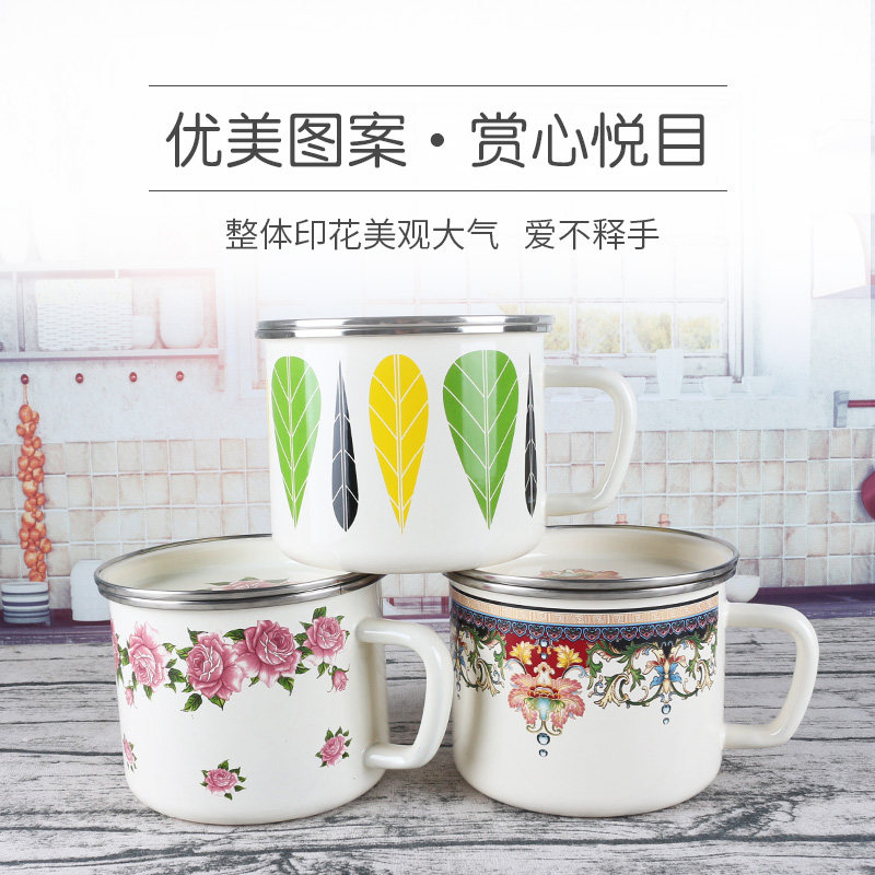 加厚搪瓷快餐杯 带盖饭盒 餐具带盖 茶缸子带把 饭缸搪瓷杯子带饭