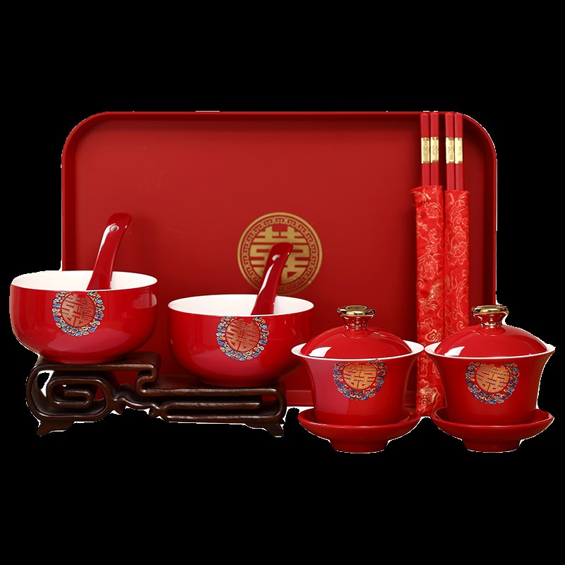 敬茶杯结婚套装婚礼改口喜碗杯子茶具一对敬酒红碗筷托盘用品大全