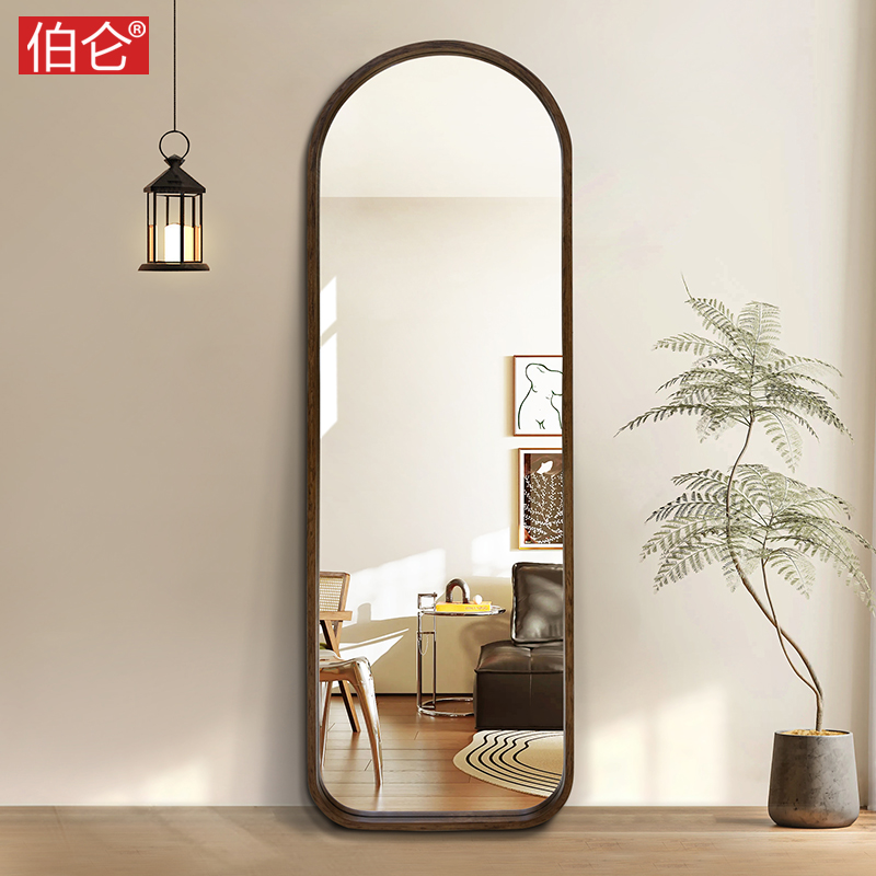伯仑拱形实木全身镜法式中古风穿衣镜挂墙家用试衣镜子落地装饰镜