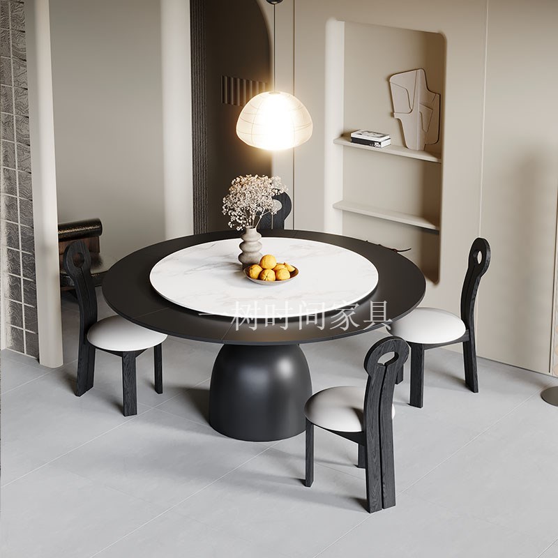 法式复古旋转变径圆桌家用小户型岩板圆形伸缩变形餐桌带转盘定制