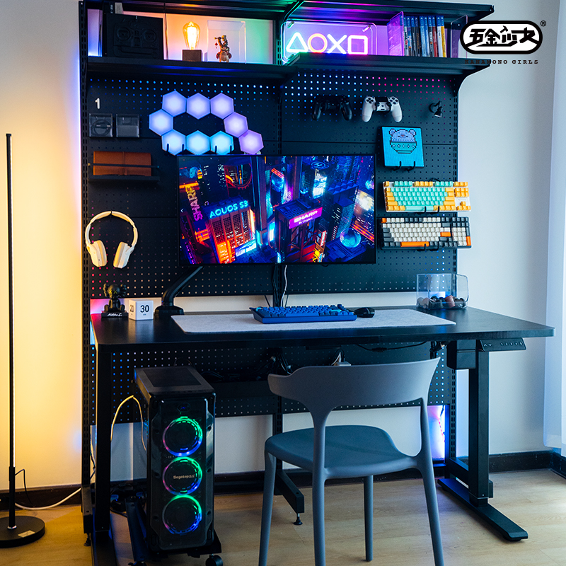五金少女 电竞升降电脑桌台式家用人书柜办公书桌书架一体桌子