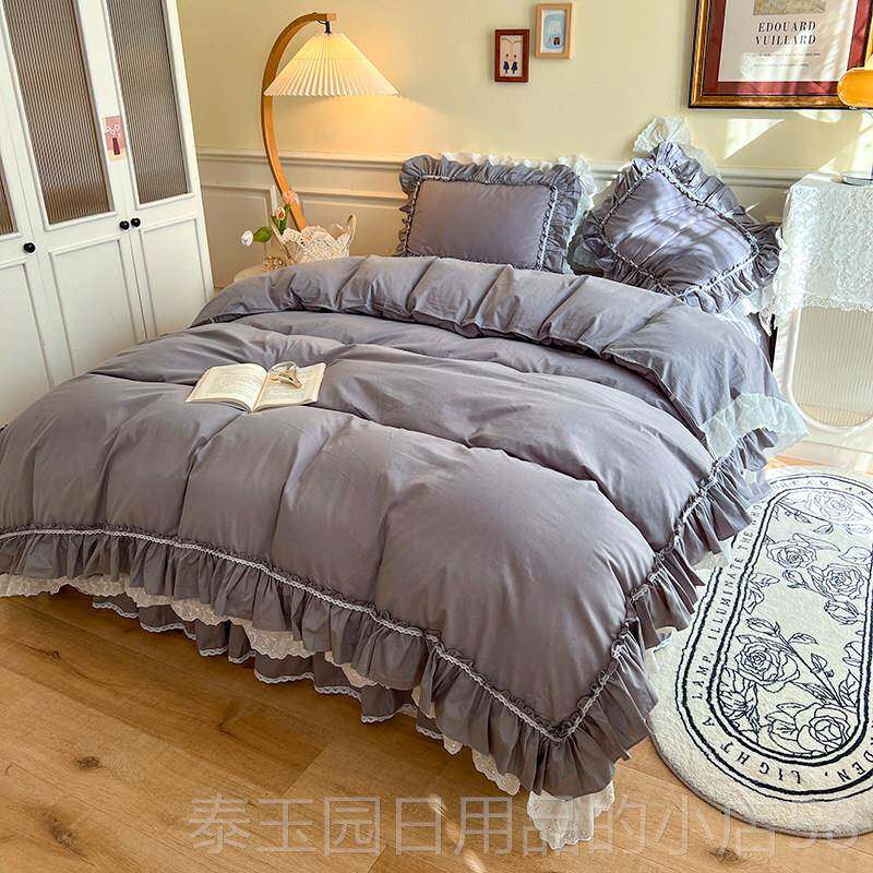 高档韩式斜纹全式四件套纯白色公主棉床单纯棉风被套1.8m床裙床上