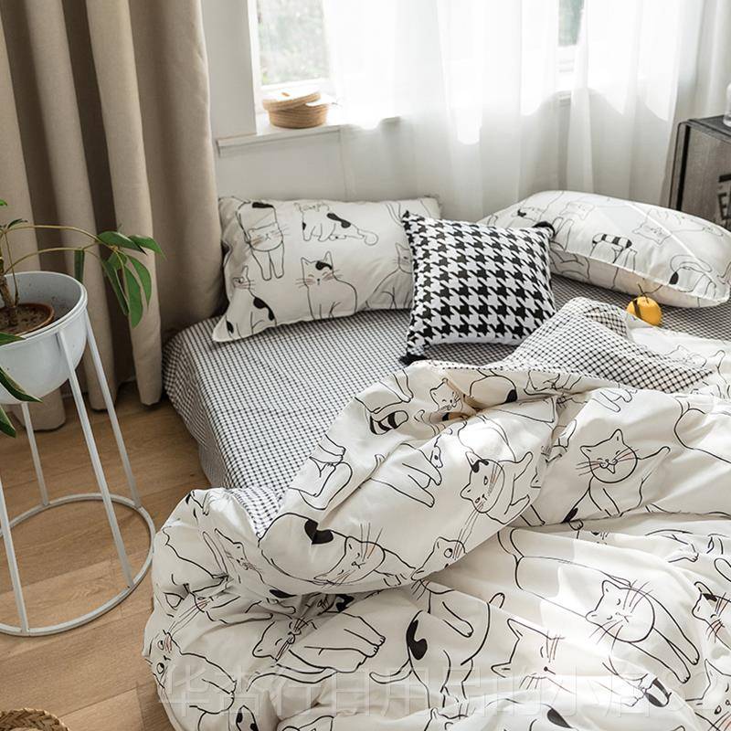 正品ins日式简约清新猫咪三1四件套1全棉纯棉.5m.米床单被套8床上