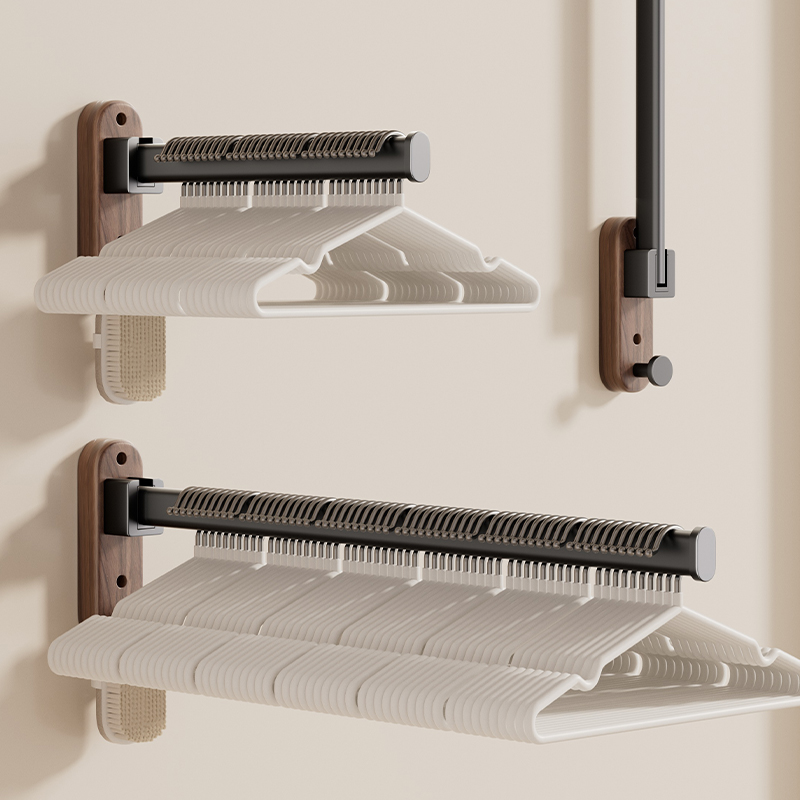 胡桃木浴室折叠毛巾杆免打孔卫生间阳台壁挂墙上晾衣杆折叠衣架杆