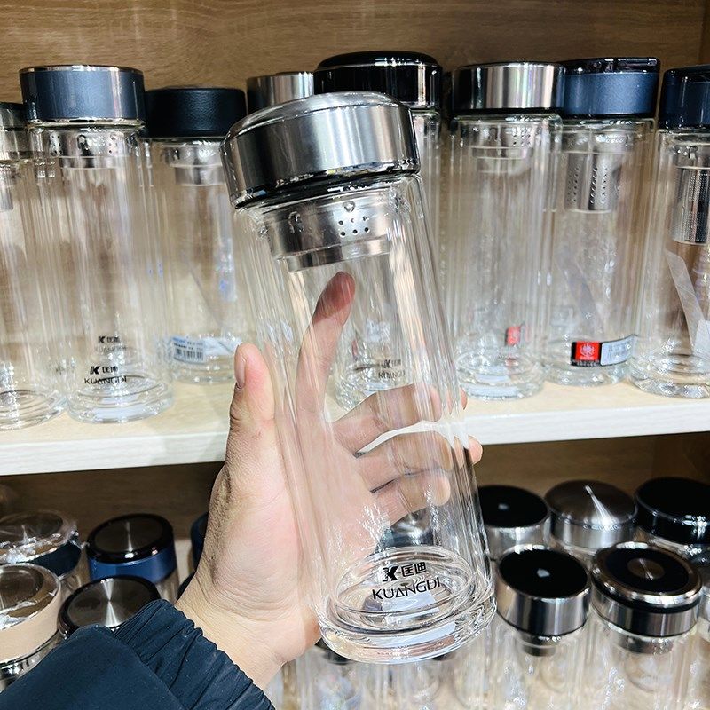 匡迪双层玻璃杯大容量530ml带滤网隔热防烫水杯耐高温商务办公杯