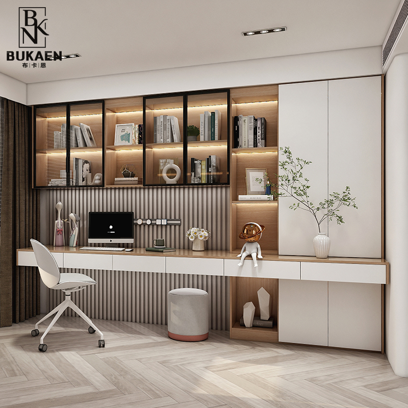 现代简约人书桌书架一体柜学习桌学生家用玻璃门书柜定制