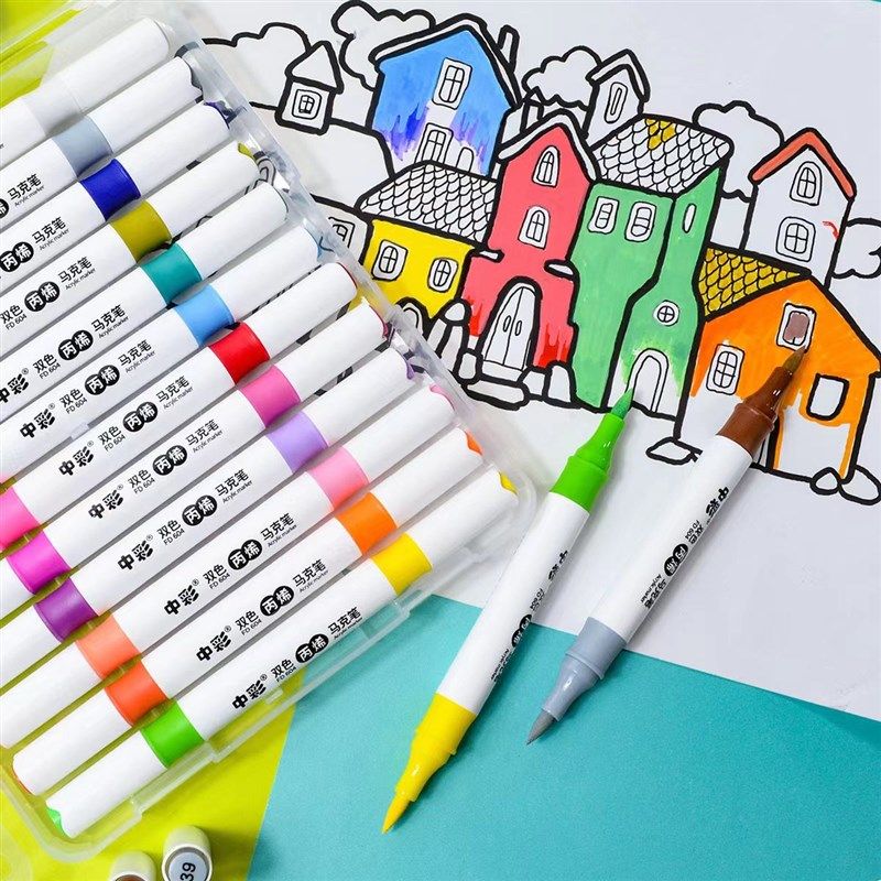 双头丙烯马克笔软头儿童不透色涂鸦笔DIY笔学生美术水彩画笔双色
