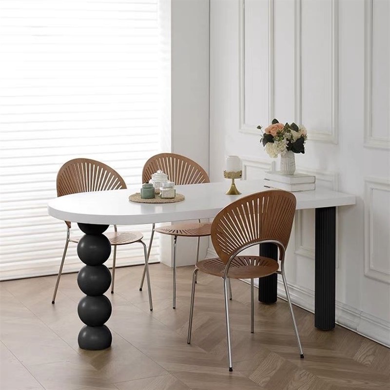 奶油风半圆岛台餐桌法式客厅实木家用小户型饭桌简易岩板餐桌