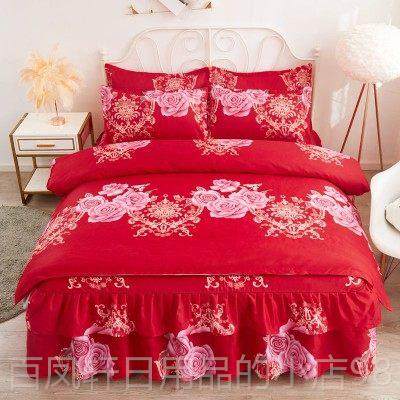 高档大婚庆床裙款四件套纯棉红斜纹加厚磨毛家陪送礼结婚喜庆床用