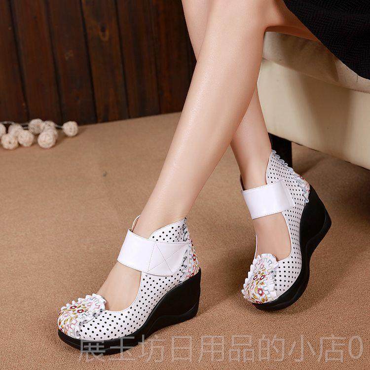 高档春秋季新款女民鞋族风刺女绣纯皮坡跟鞋女单松糕厚底试胖脚妈