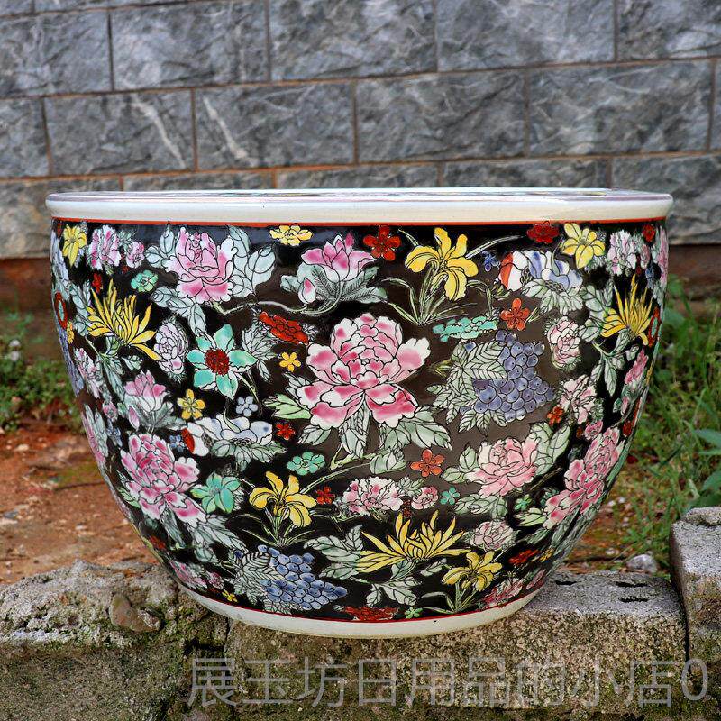 正品景德镇瓷缸鱼缸手绘粉彩金鱼缸陶乌龟风水莲瓷器中国风荷睡花