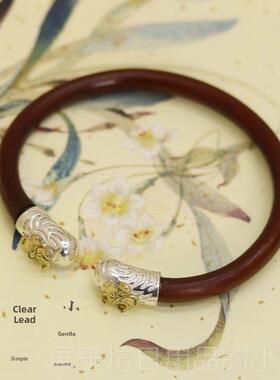 正品张爱玲同款 925色纯银覆古金铜花朵 鸡血藤古风镯手天藤纯记