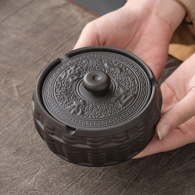 豪跃中式复古紫砂烟灰缸时尚创意个性潮流带盖防灰飞烟缸家用客厅