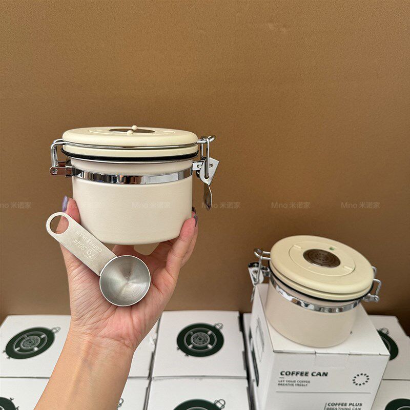 米诺家304钢密封罐带勺咖啡豆罐 圆形便携排气保鲜盒茶叶奶粉罐子