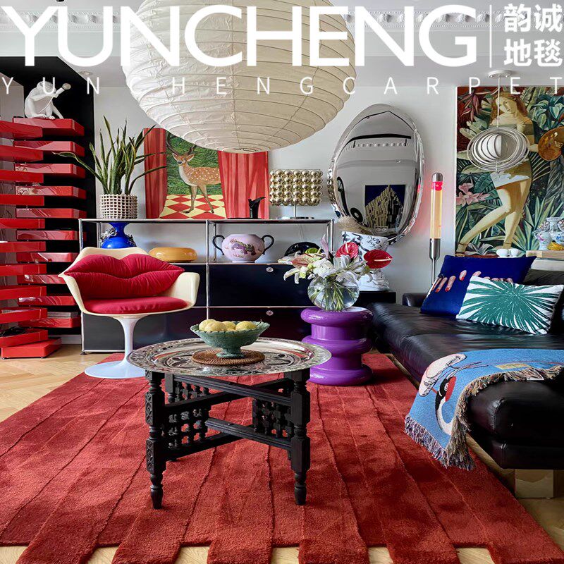 欧美复古艺术红色立体条纹客厅茶几地毯异形卧室书房衣帽间床边毯