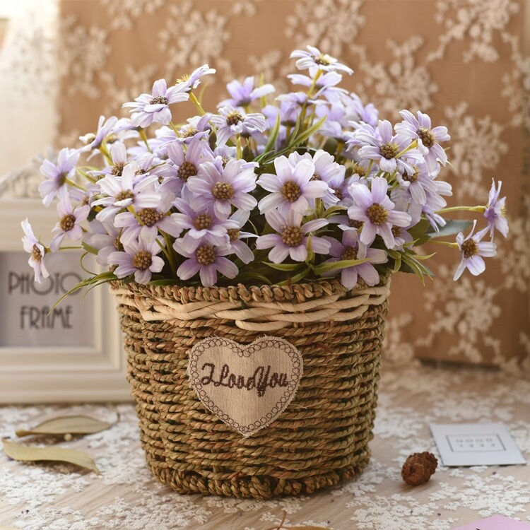 手工草编花篮套装田园风室内桌面装饰花篮藤编仿真花多肉大花盆