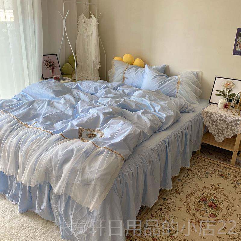 高档蓝色公风全棉床裙床N上四件套套IS小清新纯棉被少女心蕾丝床
