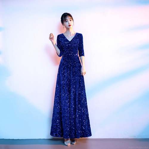 高档长大唱团演服女出裙学生主持大合唱民歌指挥服装蓝合色亮片闪